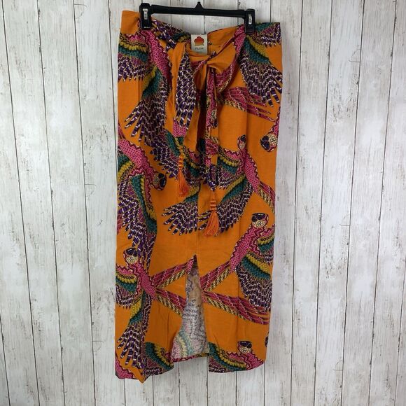 Farm Rio Midi Skirt Sz L Beaded Macaws Linen Blend Tassels - New With Tags $165 - Picture 1 of 16